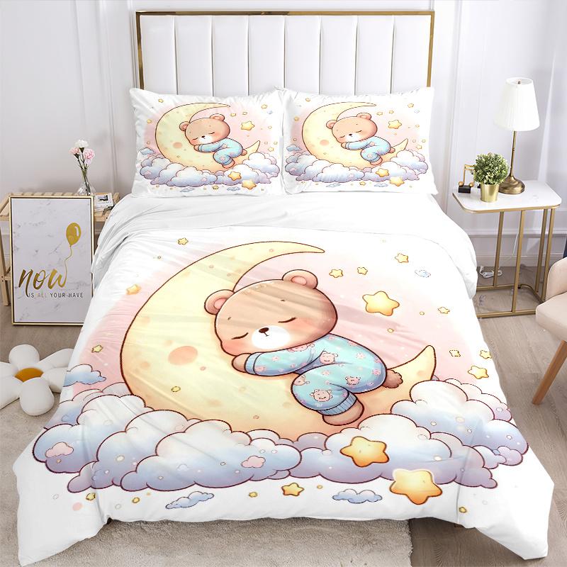 3-teiliges Bären auf dem Mond Bettwäsche-Set - Weich und bequem für Schlafzimmer, Gästezimmer und Wohnheim Dekor Bettwäsche-Set 1 Bettbezug + 2 Kissenbezüge.M012