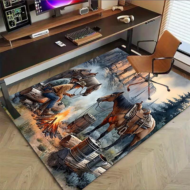 1PC Cowboys Campfire Non-Slip Floor Carpet Compatible for Office&Living Room&Bedroom&Dining room - Flat- Soft & Pattern, Vibrant Colors-W243
