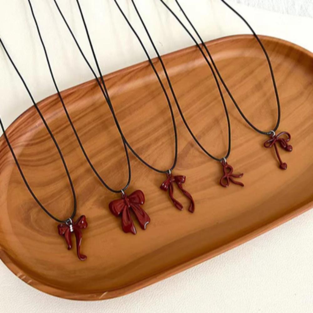 Leather Rope Clavicle Chain Bow Red Necklace Y2K Sweater Chain  For Women Girls