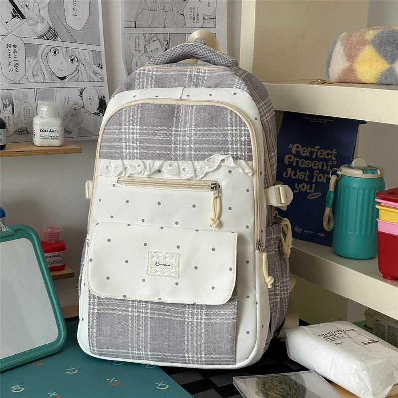 Contrast Color Plaid Backpack Women s Large Capacity Backpack Student Schoolbag серый