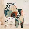 Women Plus Size Two Piece Set Abstract Leaf Printed Hooded Long Sleeve Top Cuffed Pants