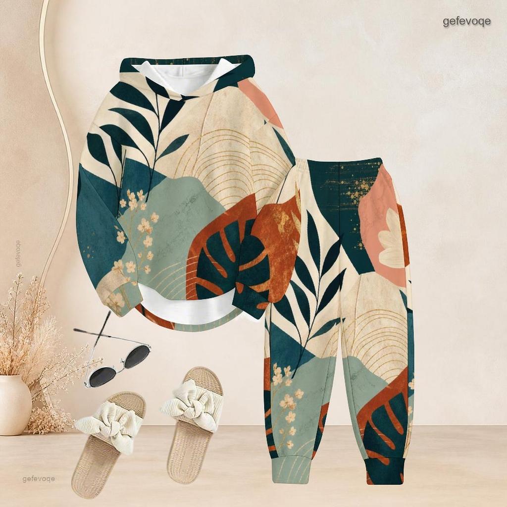 Women Plus Size Two Piece Set Abstract Leaf Printed Hooded Long Sleeve Top Cuffed Pants