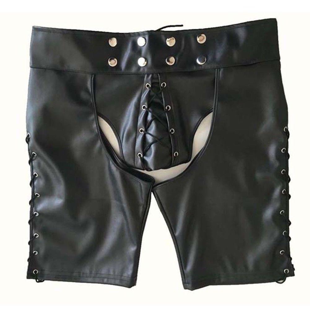 Mens Leather Shorts Knickers Briefs Crotchless Lace-Up Front Underwear Sex Toys