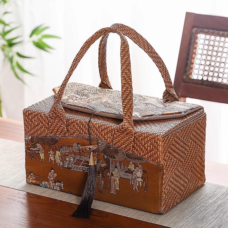 Retro látková úložná taška Ratanová pletená kabelka Kelímky Uzavřená plechovka na čaj Dárková krabička Vnitřně oddělený Venkovní cestovní organizér