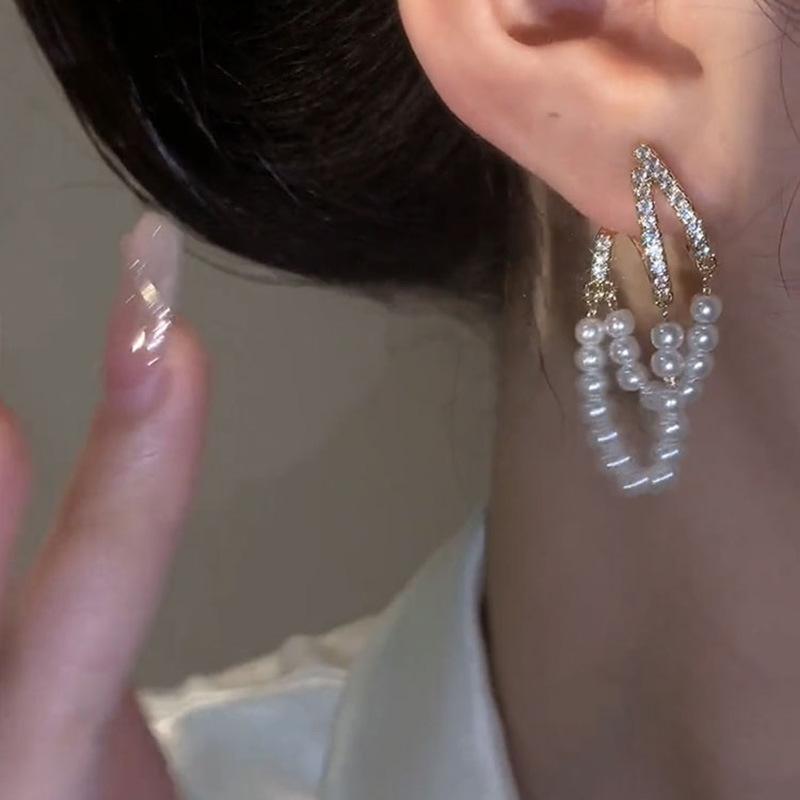 Zircon double-layer pearl fringed earrings fashion French niche earrings temperament light luxury earrings