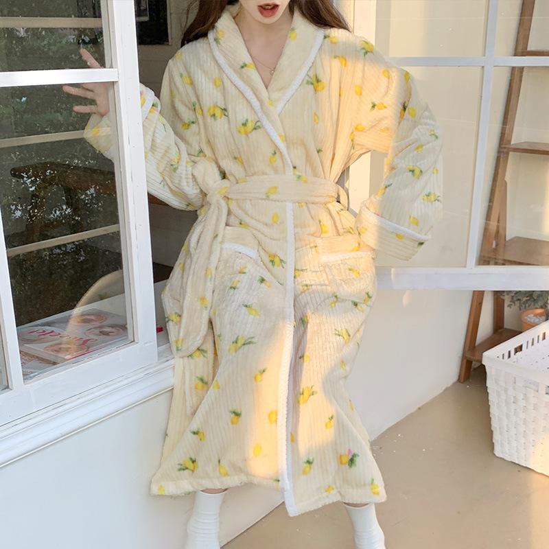 Autumn And Winter Thickened Bathrobe Women'S Coral Fleece Pajamas Sweet And Cute Princess Style Pajamas Loungewear Medium And Long Pajamas