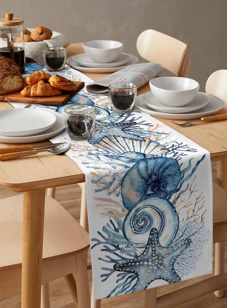 Summer Ocean Conch Coral Linen Table Runners Dresser Scarf Table Decor Kitchen Dining Table Runners Holiday Wedding Dining Decor