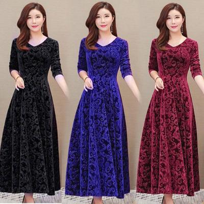 Long Party Dress V-Neck Velvet Autumn Winter Dress Women Robe Elegant Long Sleeve Dress Plus Size