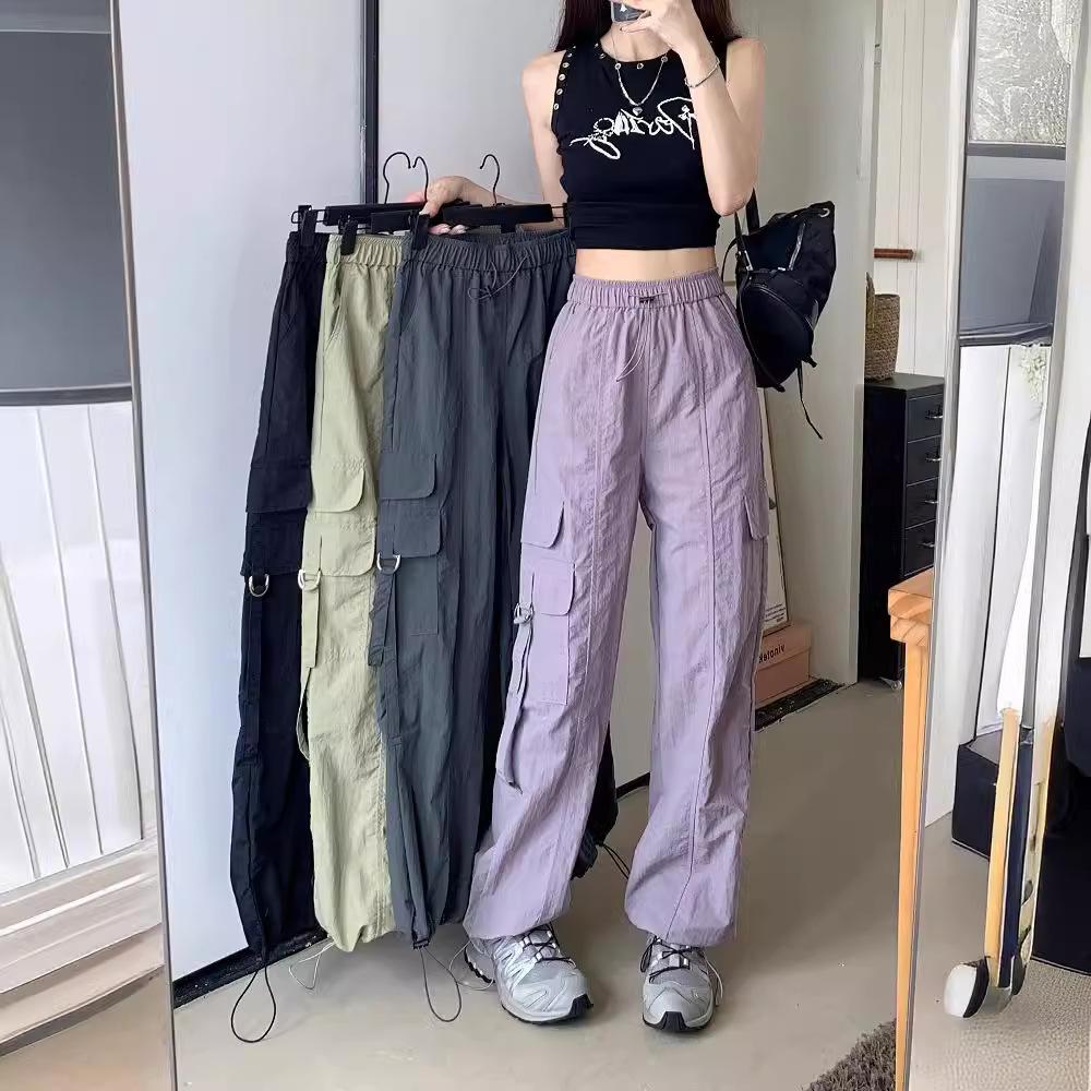 

Summer Hiphop Pleated Dancing Work Pants Straight Draped Casual Wide Legged Drawstring Pants Trousers Women Trend S сірий колір