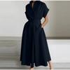 Women's Summer Long Dress Fashion Elegant Turn-down Collar Short Sleeve Casual Dress Women Solid Color A Line Elastic Waist Loose Female Dresses