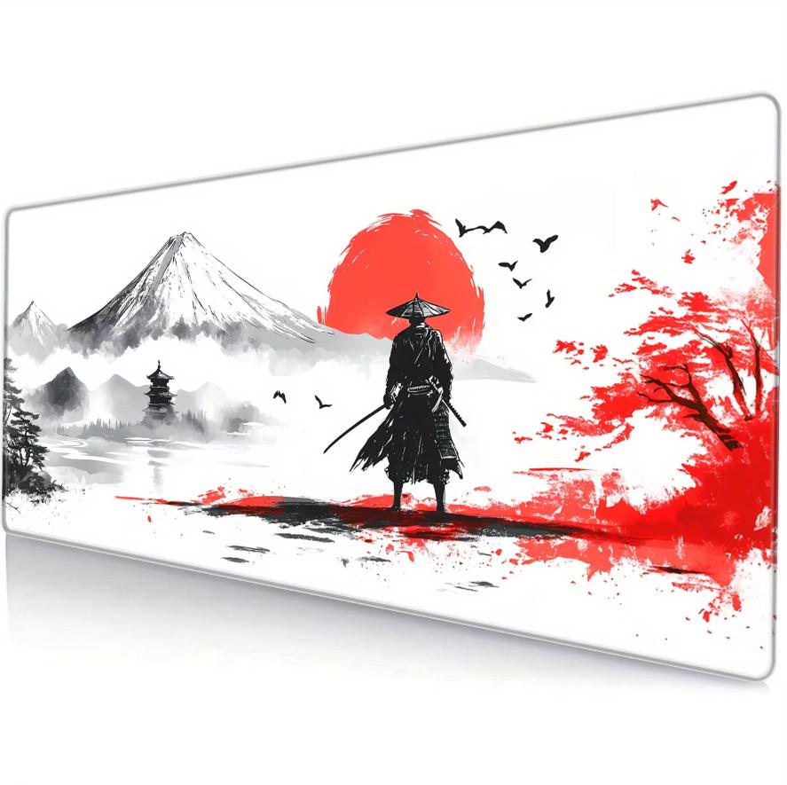 Samurai x Mount Fuji Cherry Blossom Mouse Pad AntiSlip Stitched Edges Japanese Cultural Theme 800X300x2mm