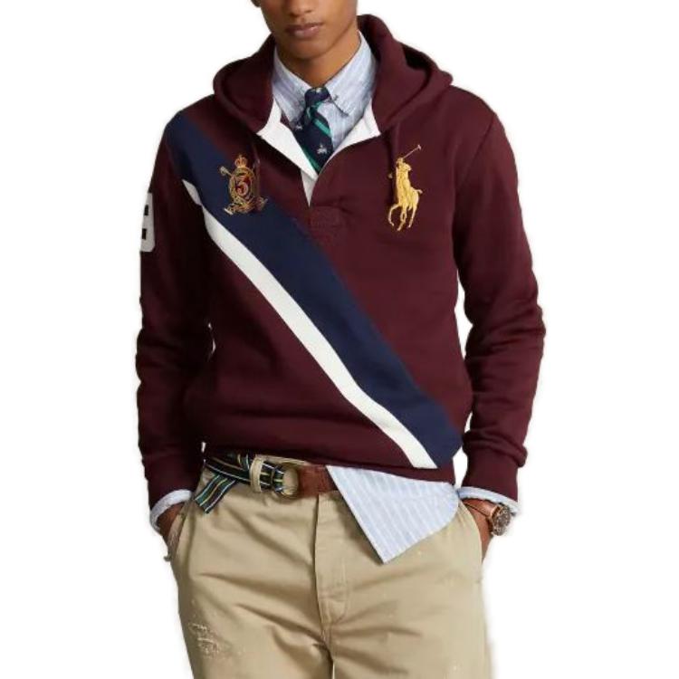 Polo Ralph Lauren Badge Stripe Number Print Hooded Pullover Long Sleeve Sweatshirt Men Sweatshirt Red MNPOKNI16823-180