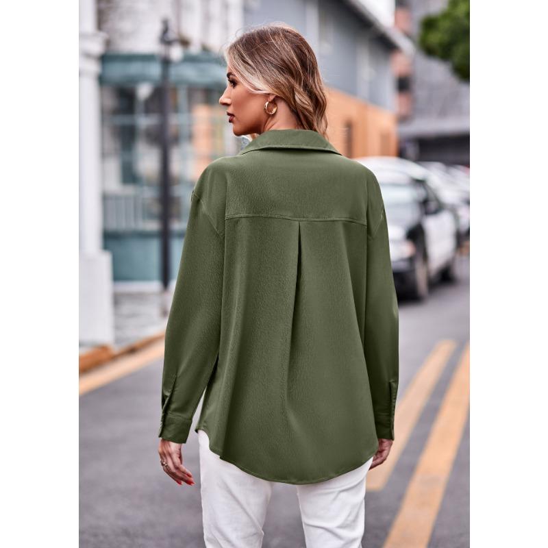 Women S Long Sleeve Solid Color Button Up Shirt With Pockets Casual