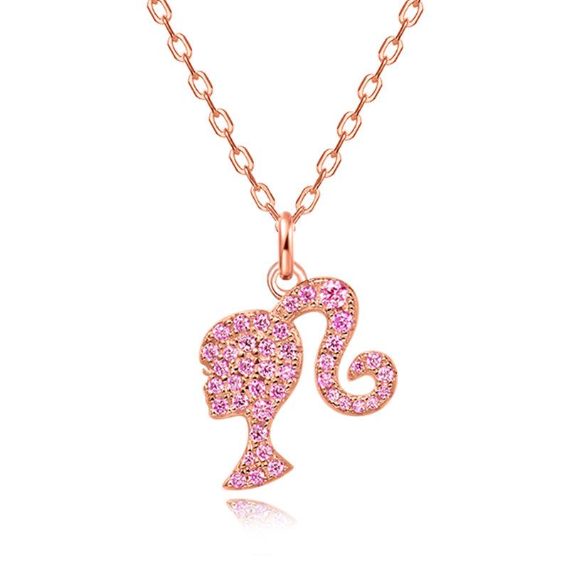 925 Sterling Silver Pink Barbie Ponytail Girl Necklace - Women's Light Luxury Niche Design Clavicle Chain, 2022 Edition.