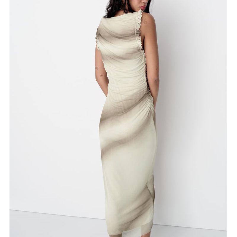 Spring NEW round Neck Sleeveless Pleat Vest Skirt Laminated Decorative Silk Net Print Dress 2321174