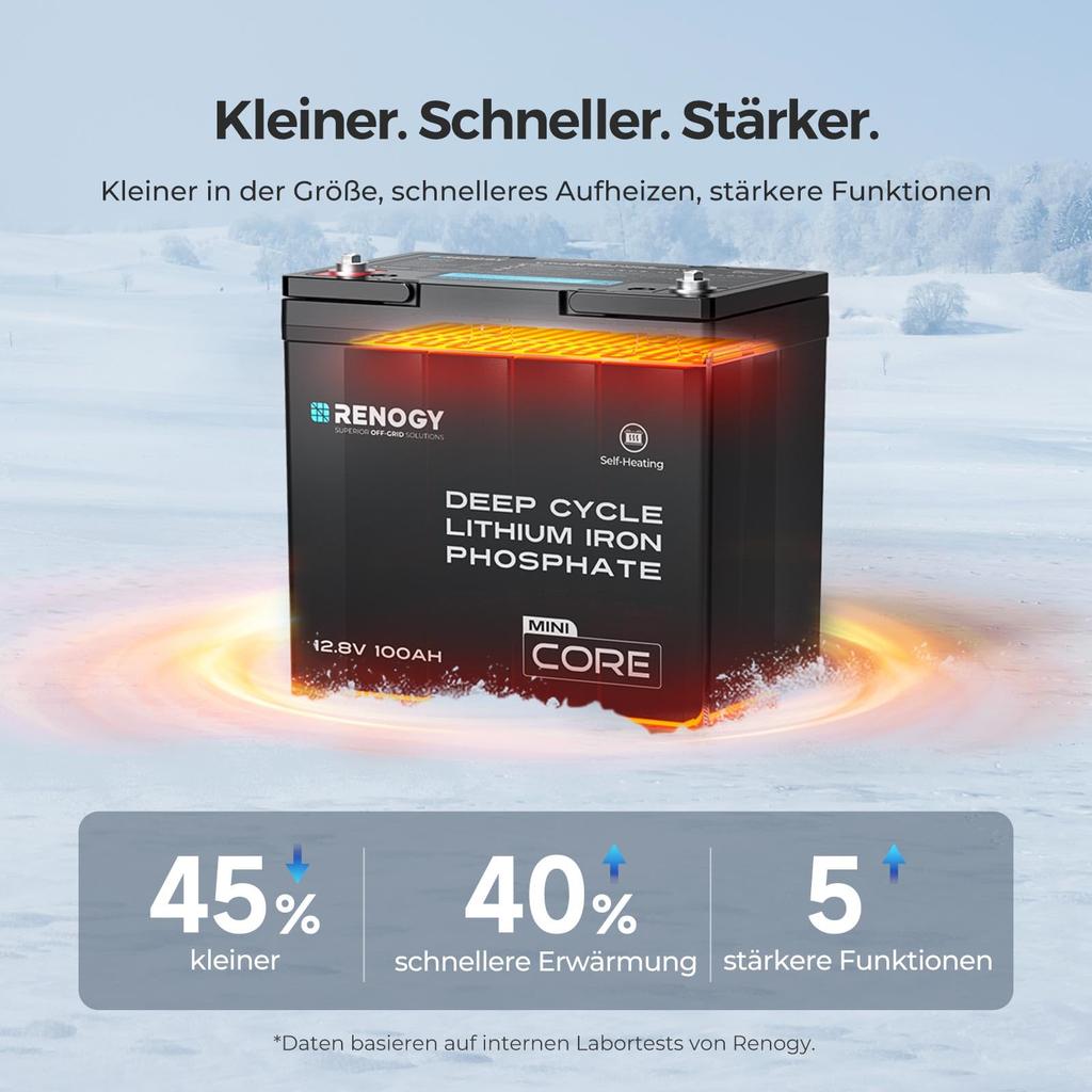 RENOGY 12V 100AH Lithium Iron Phosphate CORE Mini Lithium Iron Phosphate Heater with DuoHeat BMS Over 5000 PSE Ideal for and Emergency Series,