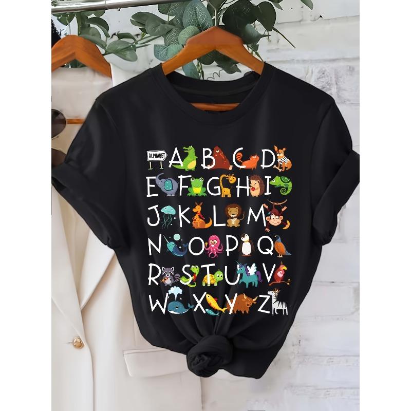 

European Size Women S Alphabet Print T-Shirt, Casual Crew Neck Short Sleeve Top, Polyester Knit Fabric, Regular Length, All Seasons, 200gsm 4XL чорний