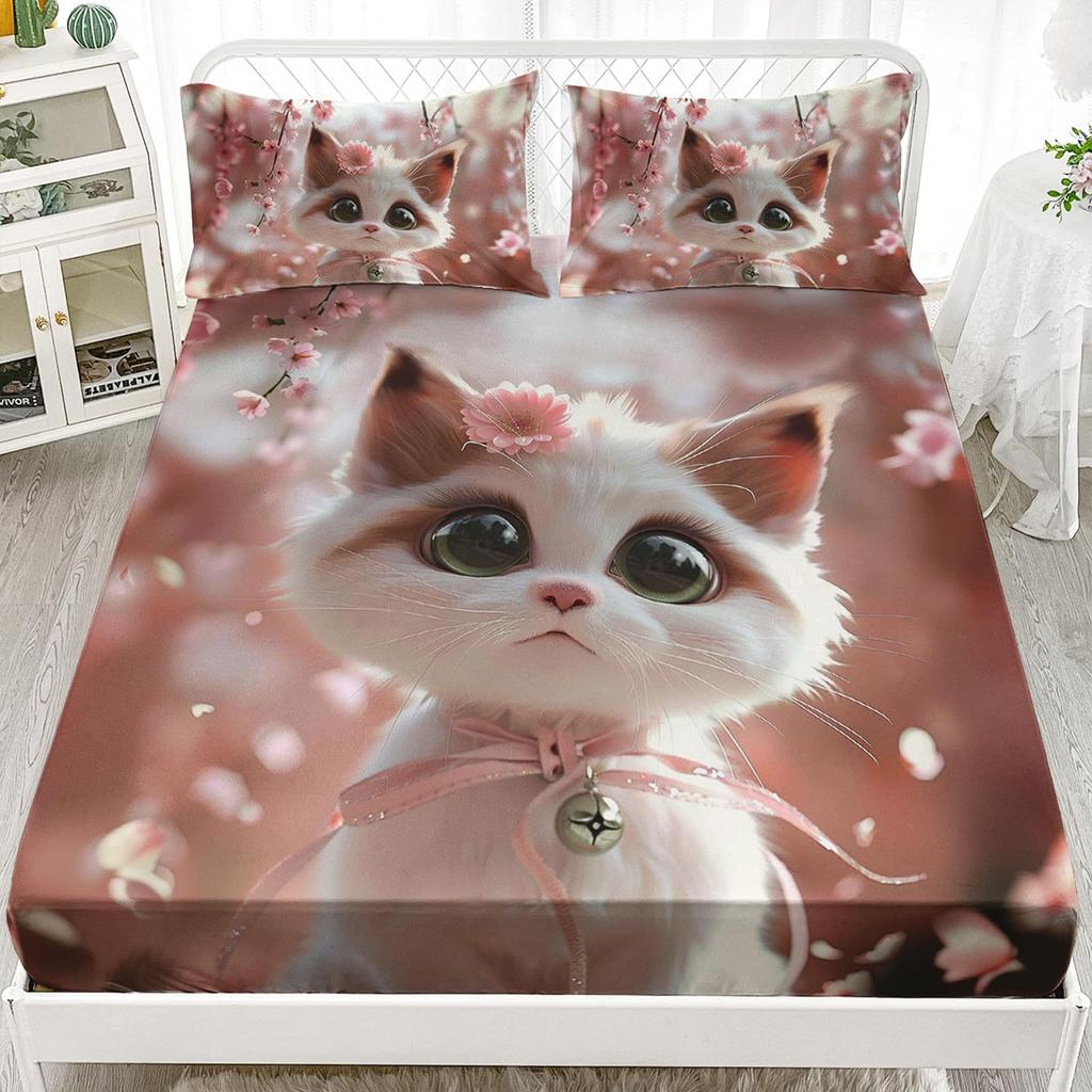 Animal Cat Pattern Mattress Three-Piece Digital Printing Mattress Bedding Set Adult Children