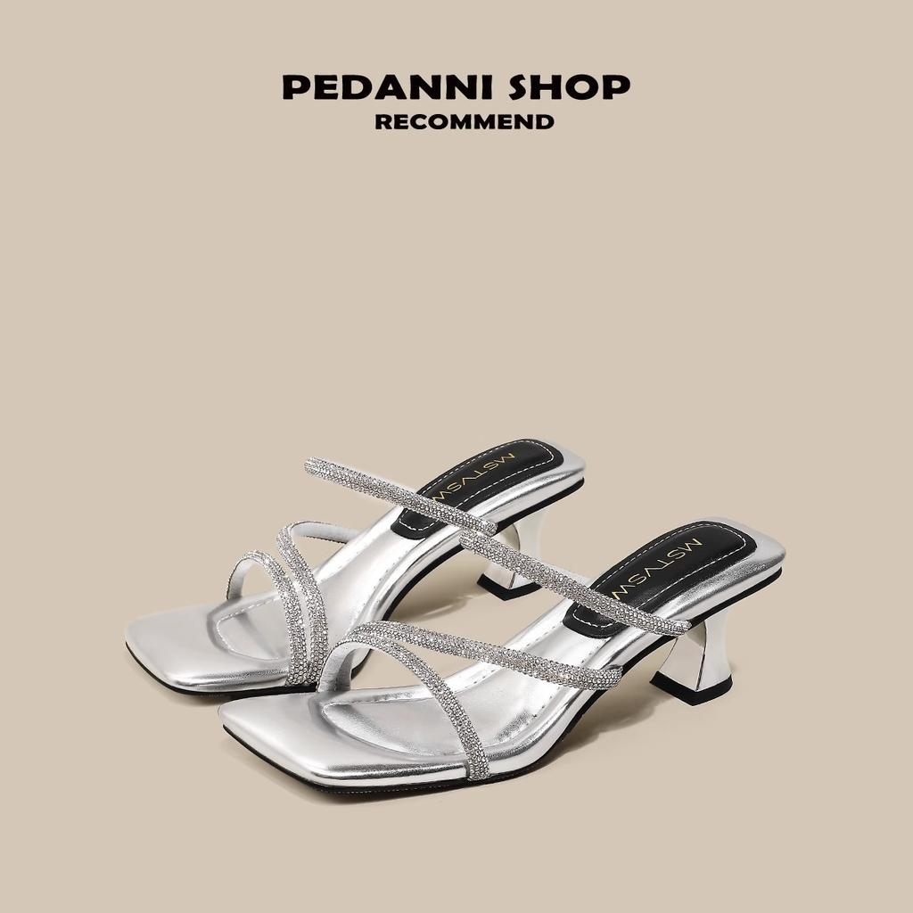 Stepping On Shit, Silver High-heeled Sandals, Fairy, Wind Square Head Rhinestone Thick-heeled Cool Slippers, Women Are Not Tired of Wearing Outside