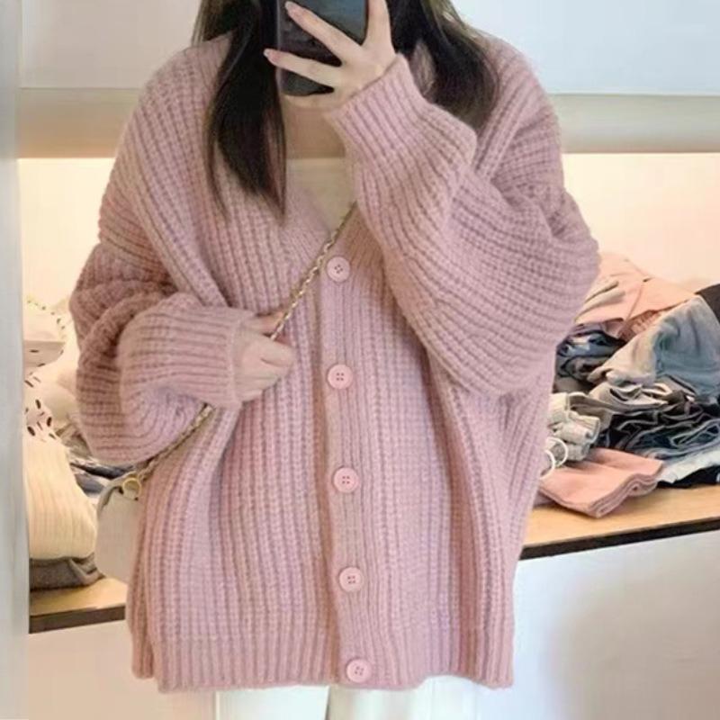 

Весна Осень Зима Свободный Розовый Стройнящий Кардиган Крупной Вязки Большого Размера Женский Свитер Пальто с Длинным Рукавом One Size