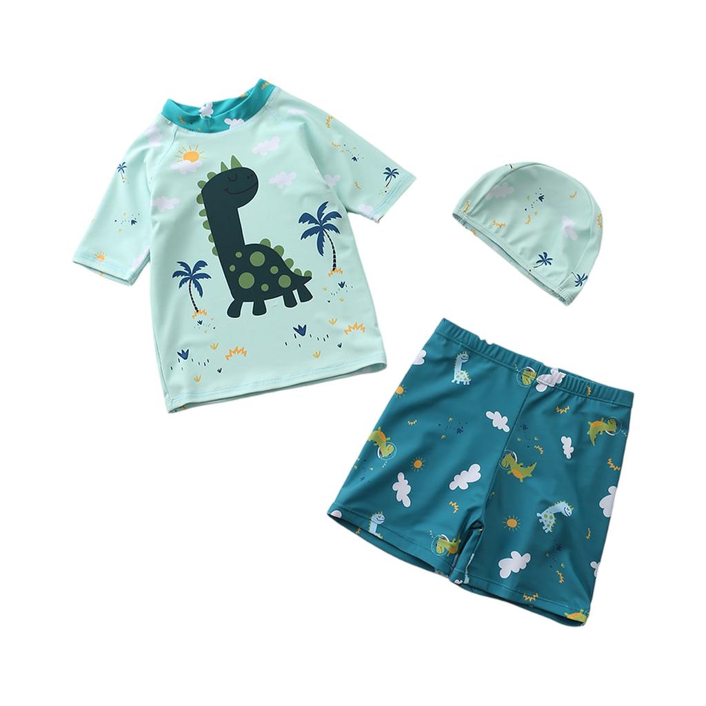 Boys Three Piece Swimsuit Set Short Sleeve Rash Guard Swim Shirt Swim Shorts and Swim Cap Cartoon Dinosaur Print Sun Protection Swimwear