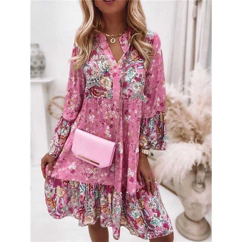 

2024 Printed Splicing Short Skirt Layered Mini Dress Orange XL