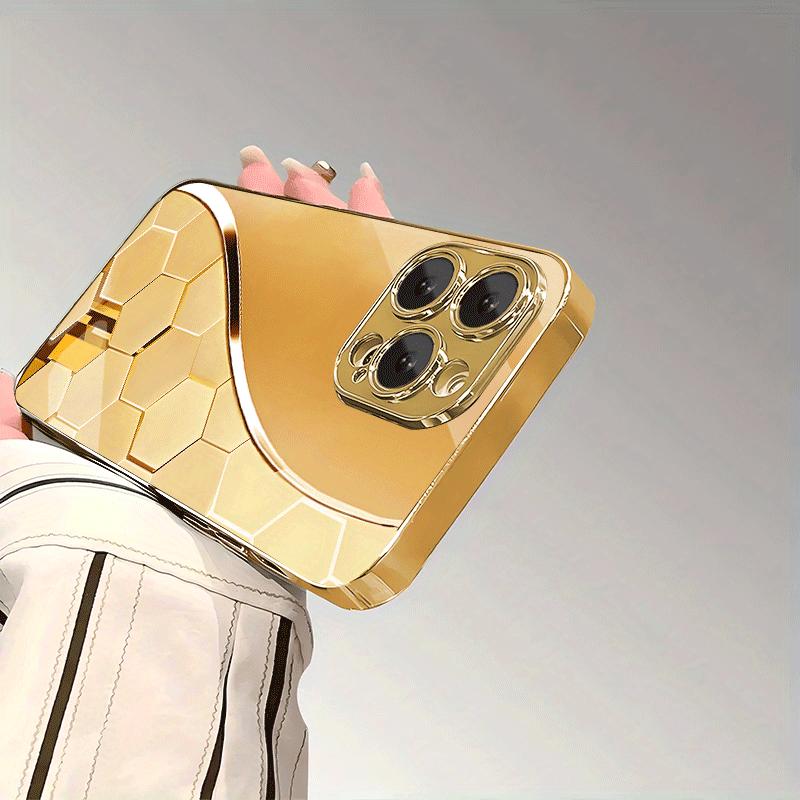 Premium Ultra-Thin Gold-Plated Honeycomb Design Tempered Glass Phone Case for iPhone 17 16 15 14 13 12 11 etc