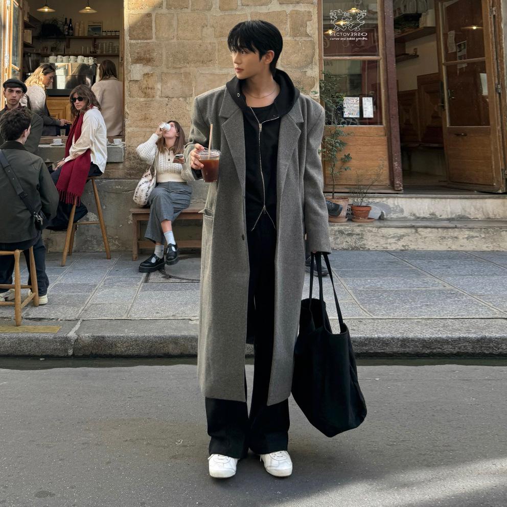 

BJ Men s Winter Woolen Trench Coat - Mid-Length, Suit Collar, H-Shaped, Korean Style 2XL сірий колір