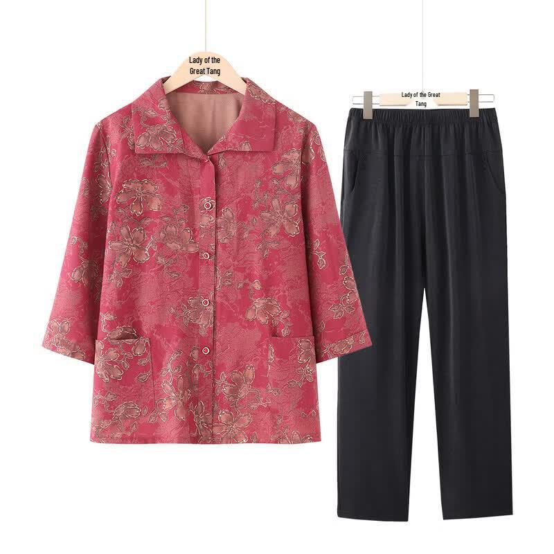Women s Loose Summer Shirt Set for Middle-Aged  Elderly 2XL красный тонкий стиль