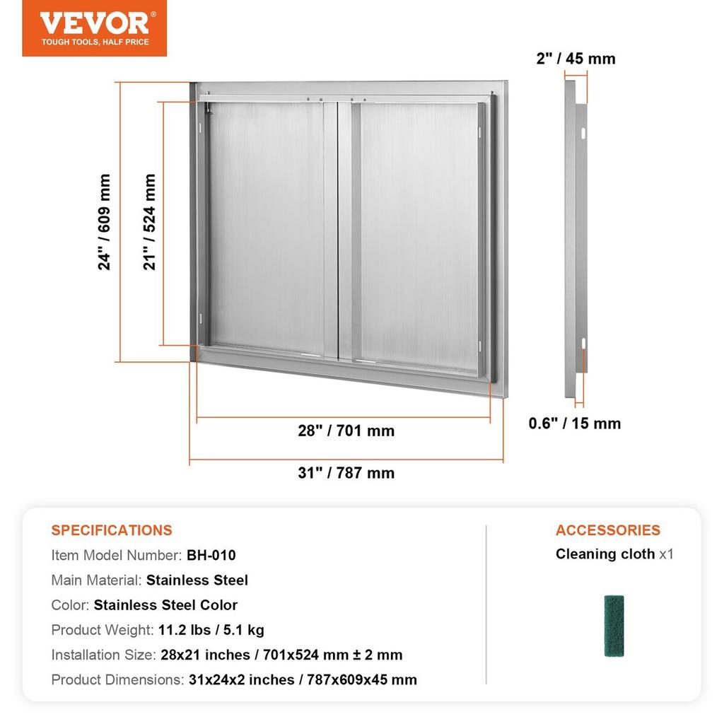 BBQ Access Door, 787x609 Mm Double Outdoor Kitchen Door, Stainless Steel Flush Mount Door, Wall Vertical Door with Recessed Handles , for BBQ Island,