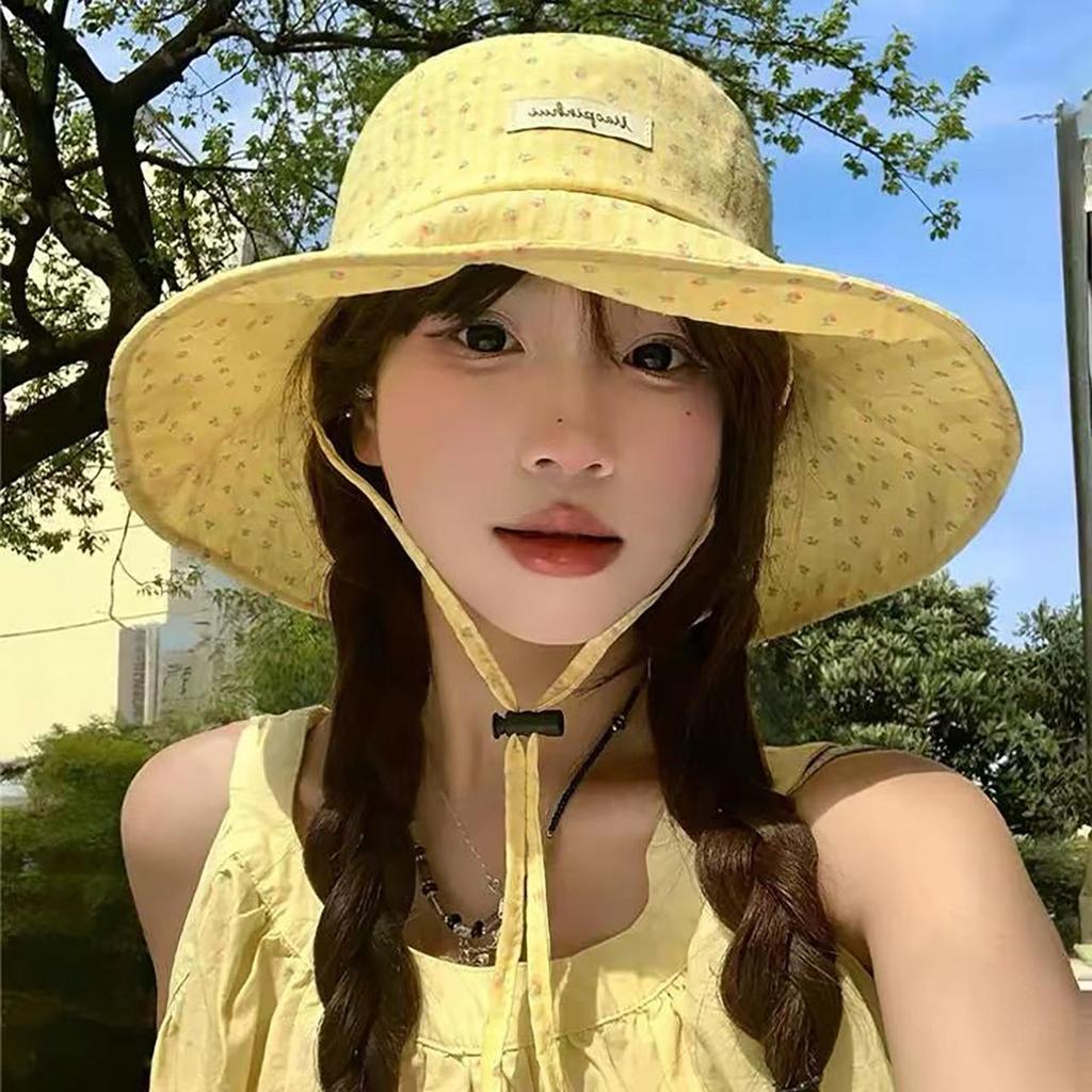 Women Sweet Flower Print Fishermen Hat Spring Summer Large Brim Lace-up Sunshade Floral Bucket Hat Female Girl Travel Beach Caps