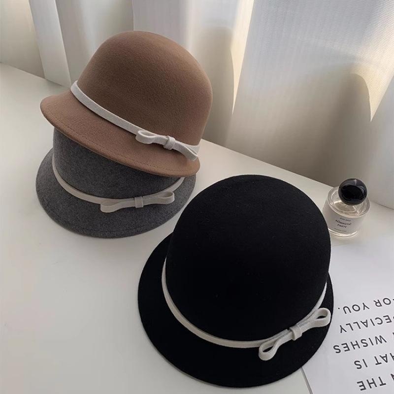 Hepburn Wool Bucket Hat Women's Autumn and Winter French Retro Small Fragrant Celebrity Top Hat Versatile Bow Basin Hat