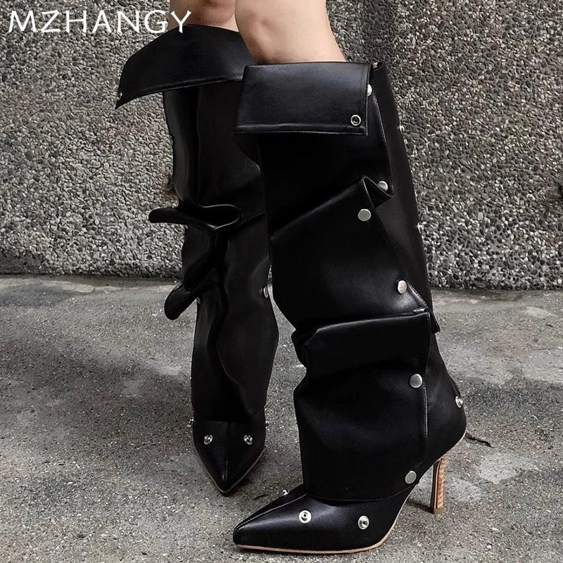 

Модный дизайнер Высокие каблуки Женские высокие сапоги Сексуальный острый носок Обувь на каблуке Осень 2025 Туфли-лодочки Ботинки челси Новый тренд Готические женские сапоги 35 чёрный