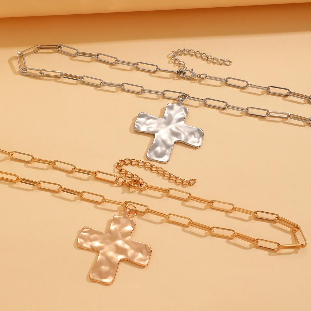 Hammered Cross Pendant Paperclip Chain Necklace Bold Statement Necklace for Women