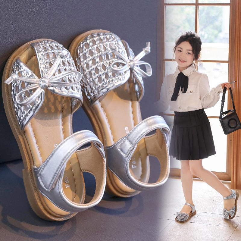 Girls Half Sandals Weave Trendy Soild Color Children Princess Shoes with Simple Bows 2025 Summer New Kids Beach Shoes Non-slip