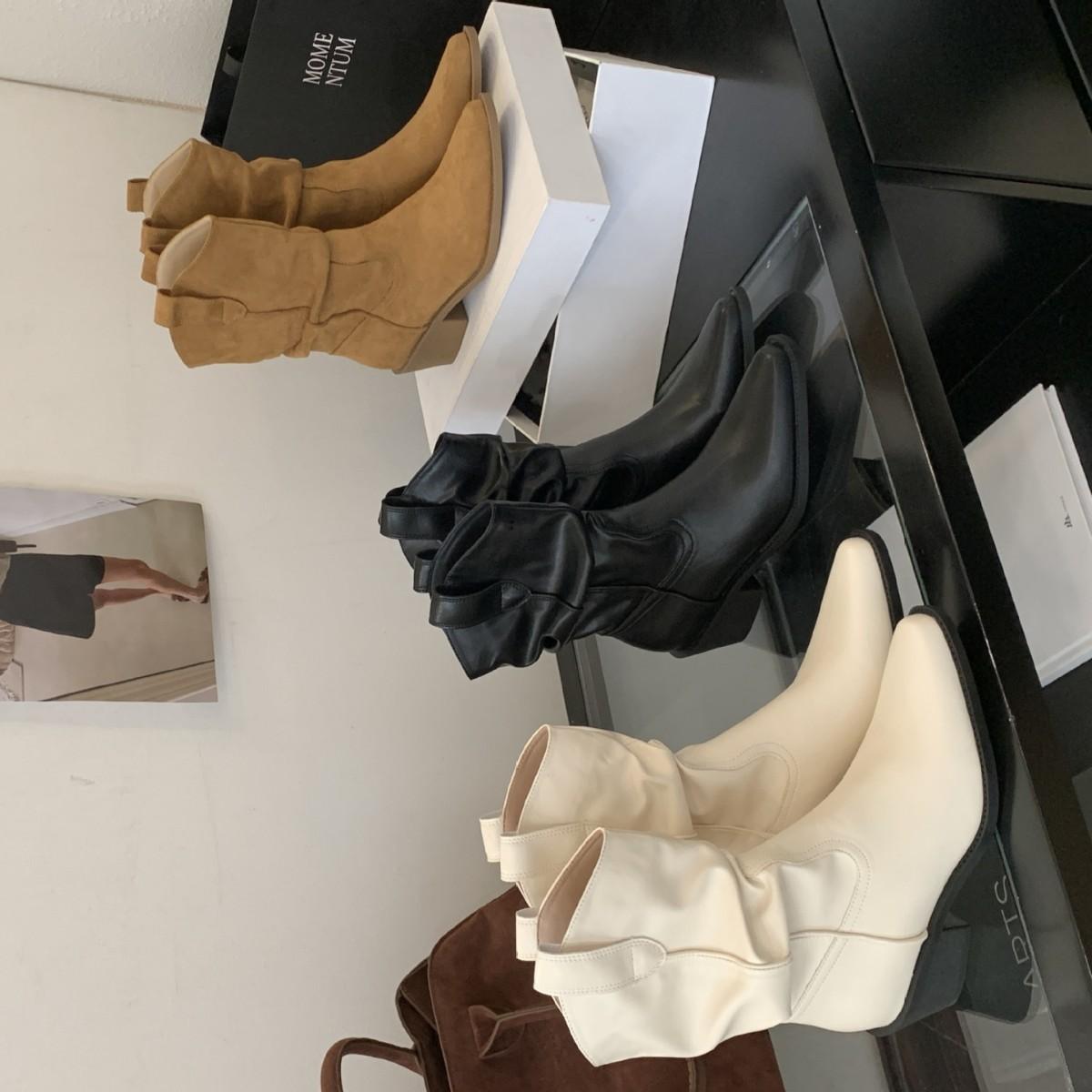 

2025 new summer French square head low tube pleated women s short boots thick heel Chelsea Martin boots 39 чёрный