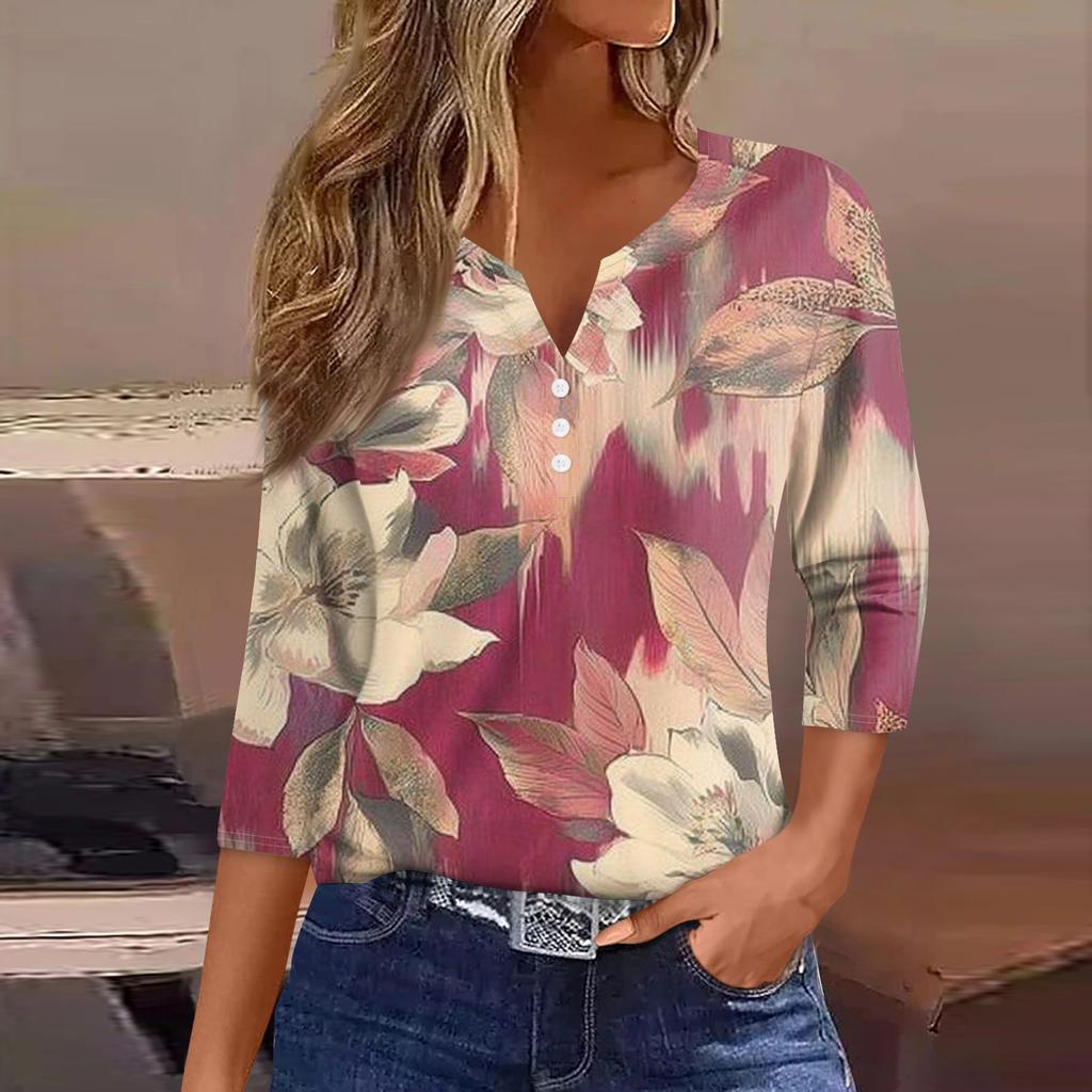 Damenmode Lässiges T-Shirt mit Blumendruck, V-Ausschnitt, dekorativen Knöpfen und Dreiviertelärmeln
