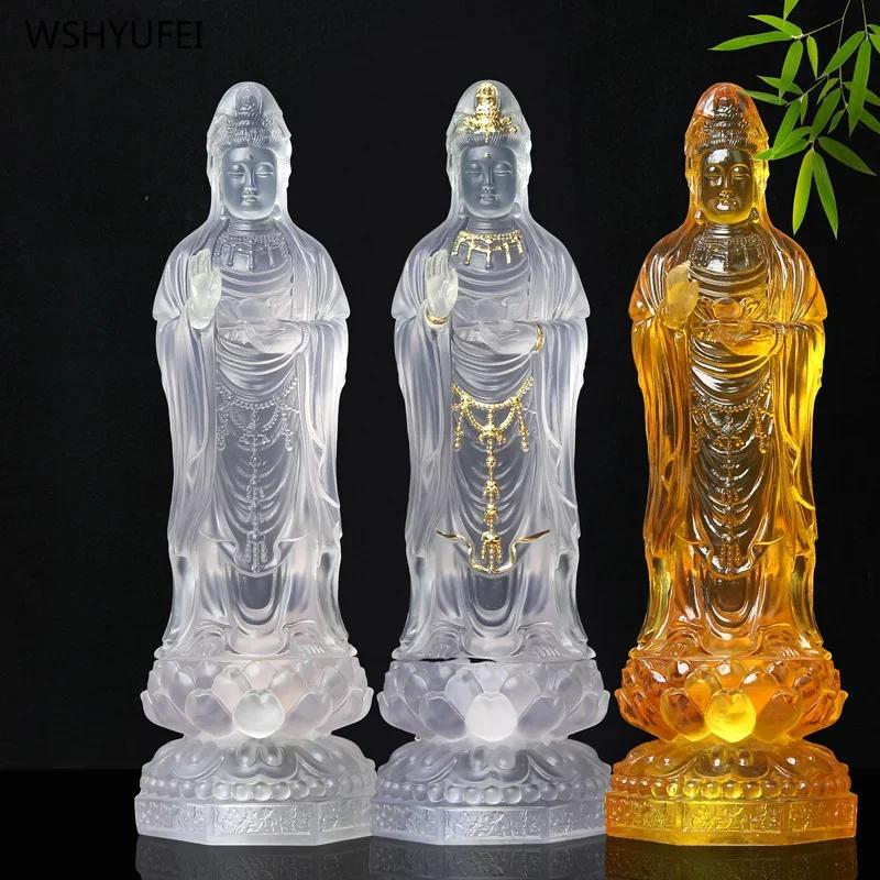 1 PCS 29cm Resin Putuo Nanhai Guanyin Character Station Buddha Statue Home Decoration Gold Carving Crafts Feng Shui Ornament