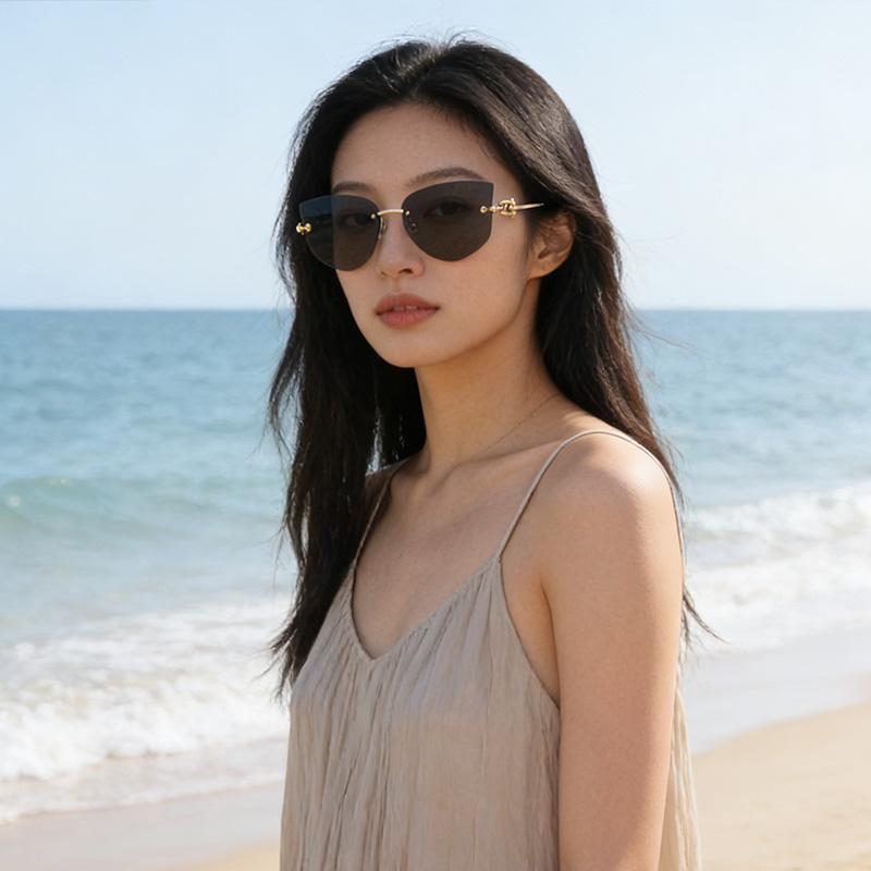 Cat Eye Metal Borderless Retro Men Women Sunglasses Fashion Trend Outdoor Sunscreen Sunshade Street Photography Glasses