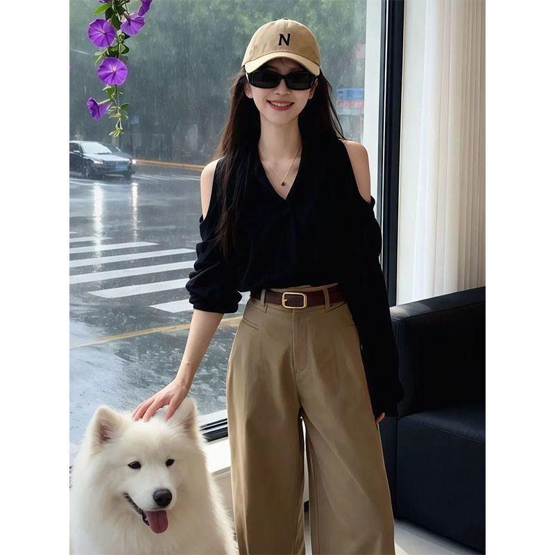 Flannel 1x1 Korean Off-Shoulder V-Neck Long-Sleeve Women's T-Shirt - Elegant, Chic, Fashionable Top