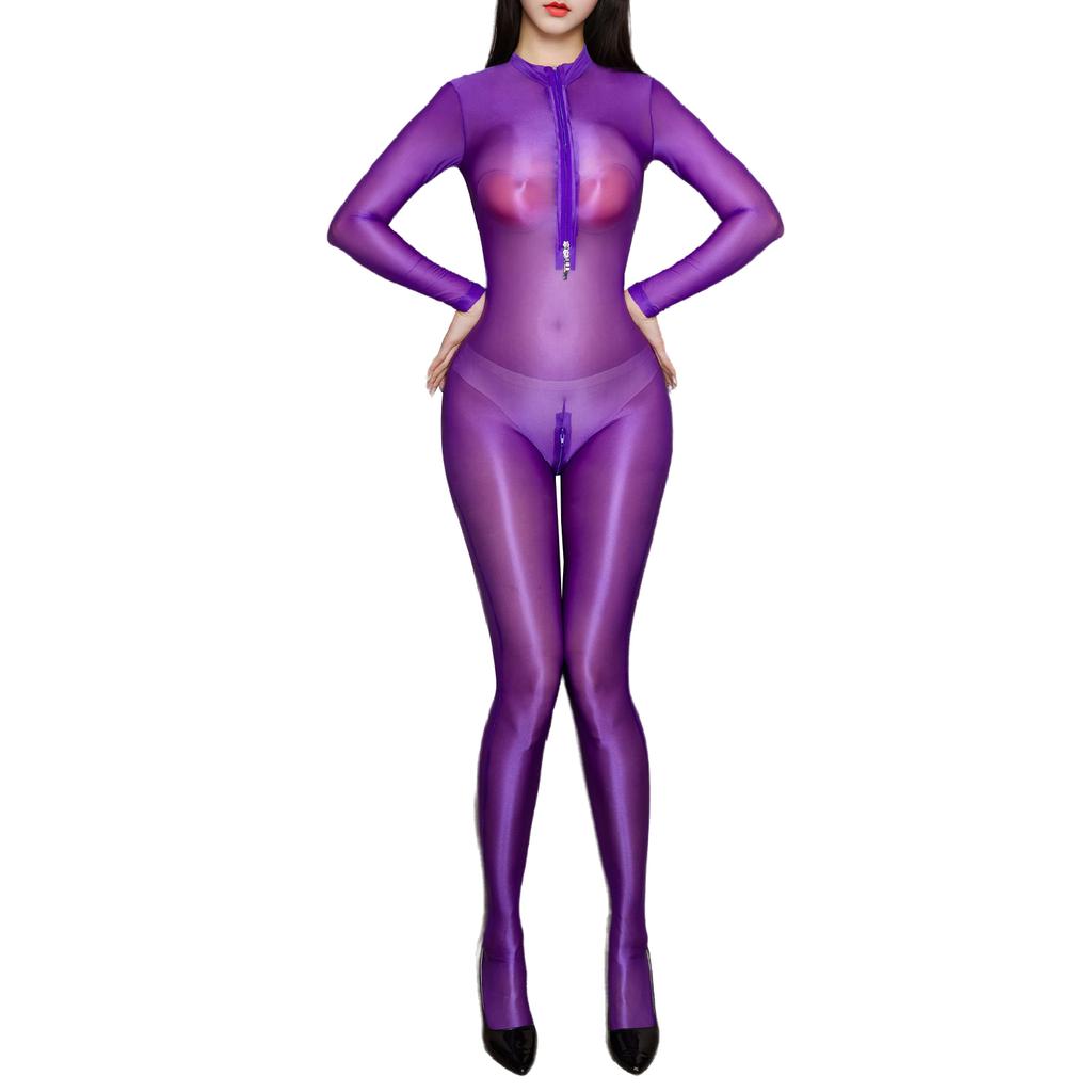 Damen Transparentes Dessous Jumpsuit Langarm Reißverschluss vorne Schrittloses Design Glänzender Seidiger Body Clubwear