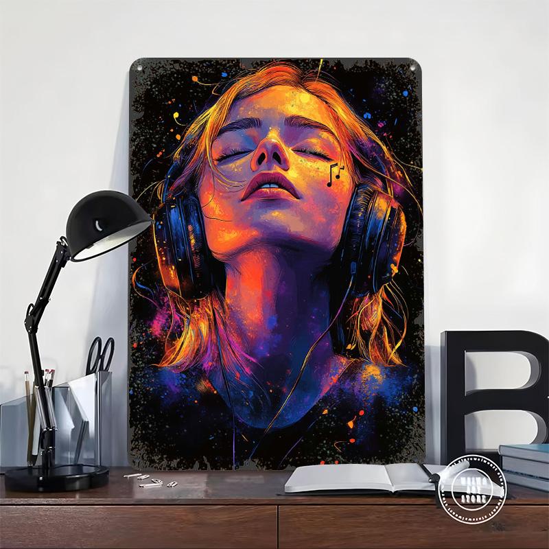 Woman Listening to Music Metal Poster Customized Wall Art Retro Vintage Tinplate Signs for Office Decoration Room Home Decor