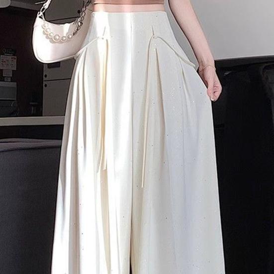 Damen Hose Hohe Taille Verstellbarer Kordelzug Oversized Weites Bein Hosen Einfarbige Glitzer Design Freizeithose