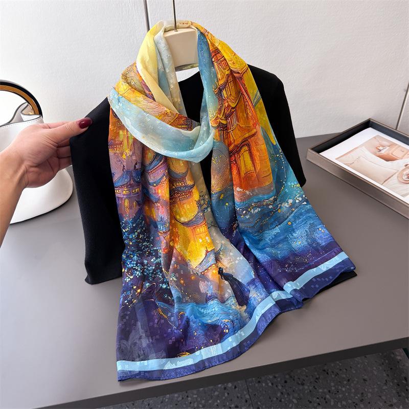 Water Town Picture Printing Flower Cutting Spring And Summer Silk Scarf Large Long Scarf High Sense Travel Shawl Sun Protection Women'S Scarf