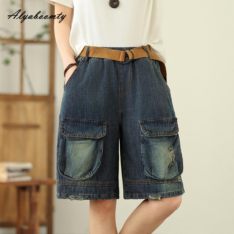 Korean Fashion Summer Women Casual Loose Capris Elastic Waist Dark Blue Denim Pants Vintage Washed Cotton Short Jeans With Belt
