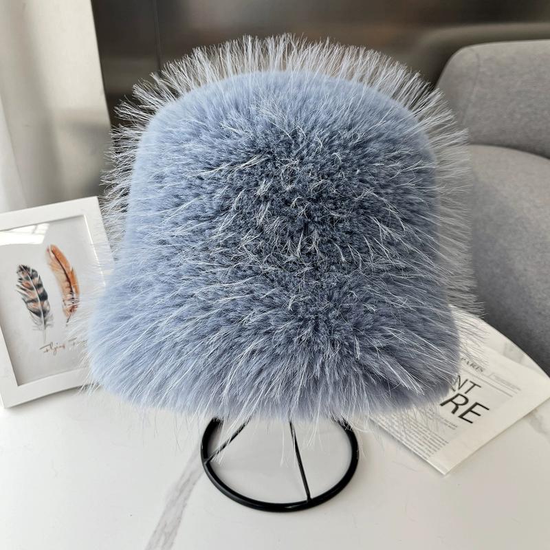 New Imitation Fox Hair Bucket Hat Women's Autumn and Winter Fashion Versatile Thickened Warm Plush Top Hat Japanese Show Small Face