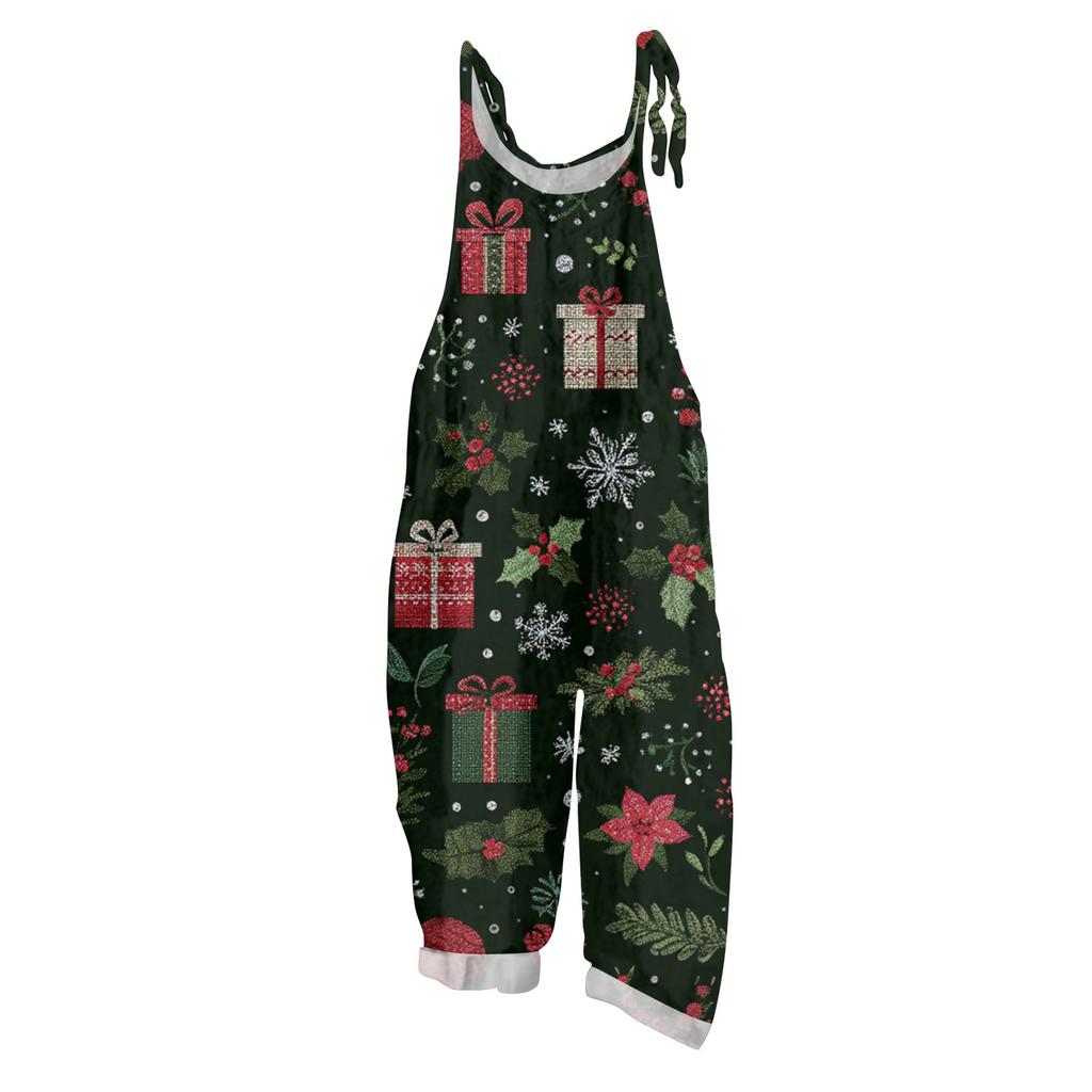Damen Jumpsuit Print Casual Loose Vintage Schultergurt Baumwolle Leinen