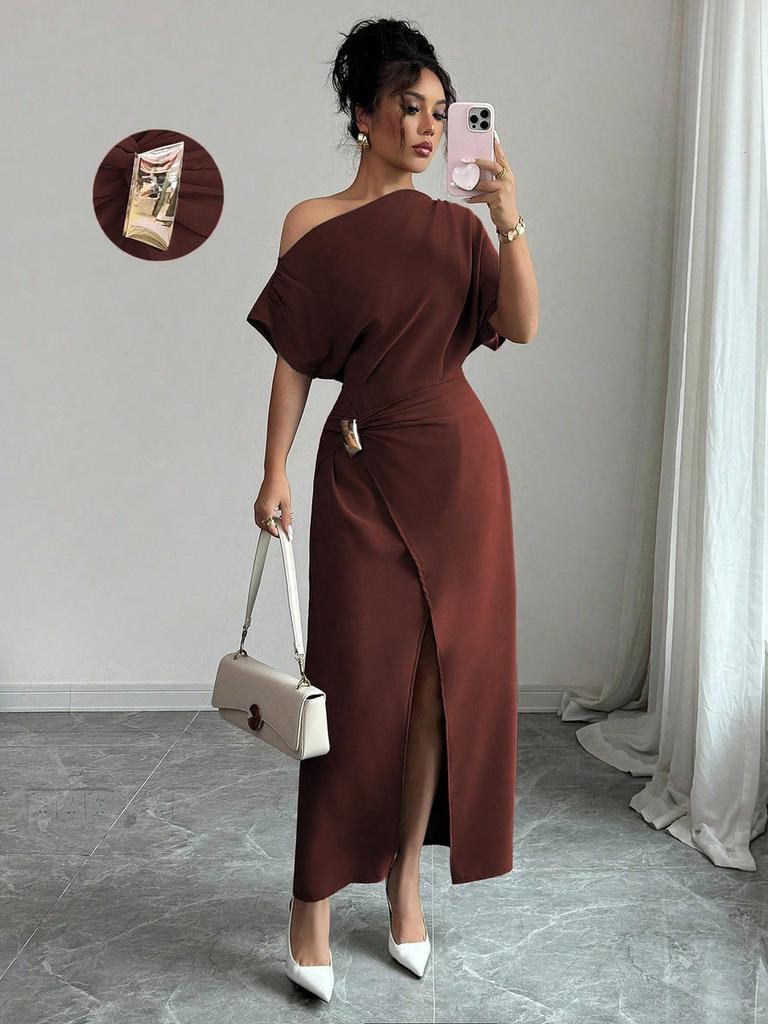 Summer Off-Shoulder Dress for Women, Solid Color Split Elegant Slim Fit Bodycon Maxi Dress