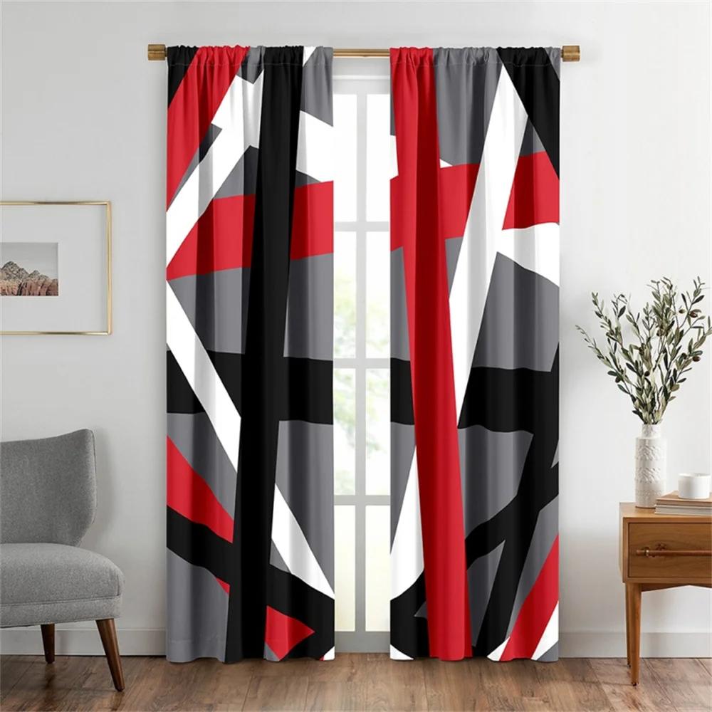 2PCS Abstract Geometric Stripes Rectangles Red Black Modern Light Filtering Curtains for Living Room Bedroom Window Drape Decor