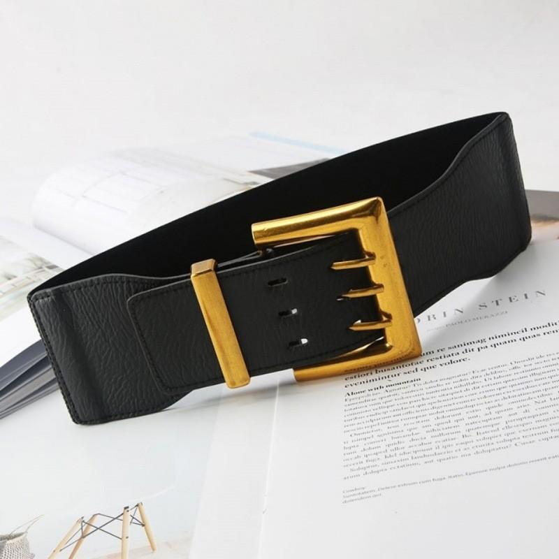 Black Pu Fashionable Elastic Waist Belt For Women Vintage Style Versatile Outfit Accessory
